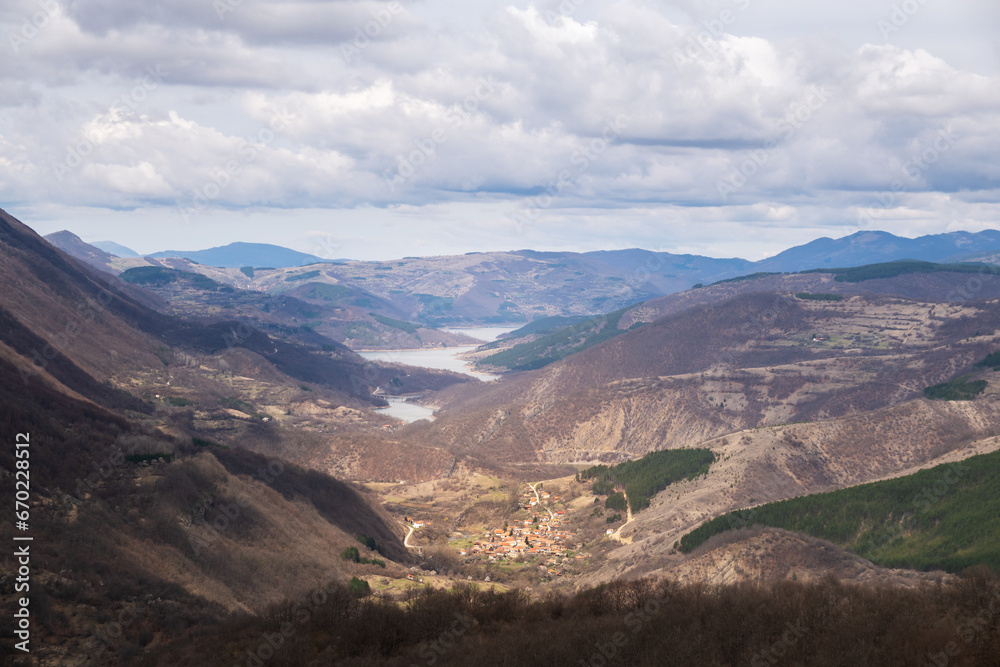 Unique view of Paklestica village and meandering Zavoj lake from a viewpoint on Old mountain, Serbia