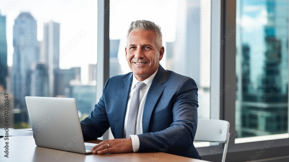A middle-aged businessman in a suit and tie, working at a modern office desk with a laptop. The city skyline can be seen through the window. Professional, successful, and focused on his career A middle-aged businessman in a suit and tie, working at a modern office desk with a laptop. The city skyline can be seen through the window. Professional, successful, and focused on his career