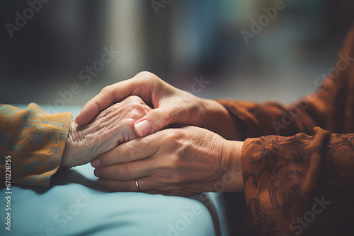 Close up of hand of young person holding hand of old person. Concept for wlderly care