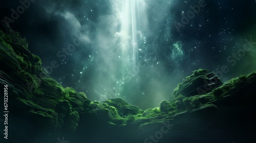 A cascading waterfall of liquid Nebula Nettle, glistening with interstellar droplets, in a hidden celestial oasis.