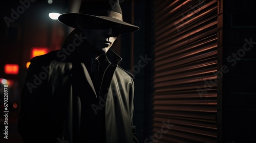 Mysterious figure in dark trench coat and wide-brimmed hat, lurking on dimly lit street corner, his concealed face and suspicious behavior shrouded in shadows