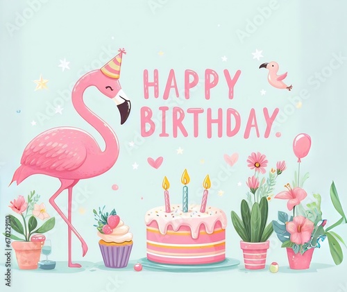 Flamingo themed birthday card, happy and joyous mood, 3 years old party