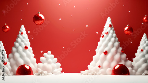 Modern Christmas tree with gifts boxes, presents and balls on a red background. 3d New year concept for greeting card © Vasyl Onyskiv