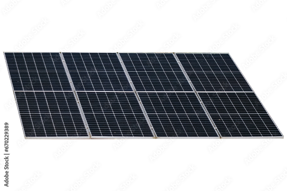Solar Panels and Renewable Energy as part of the house construction. Solar panels on a roof isolated mock-up close-up. Photovoltaic system close-up. Transparent background.