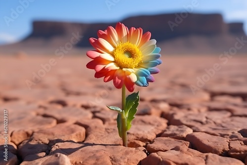 Eine Blume in Regenbogenfarben steht in der Wüste