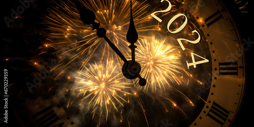 Happy New Year 2024 clock face shows New Year's Eve with fireworks in the background