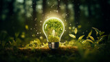 light bulb with green plant inside on green grass, nature and environment concept