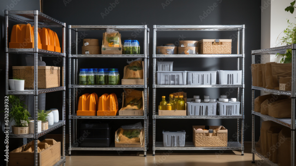 Home food storage room. Various jars with Home Canning Fruits and Vegetables jam on shelves.
