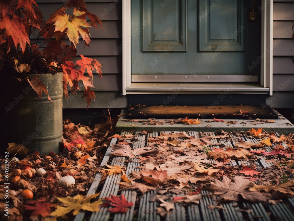 A Photo Of A Front Porch With Scattered Leaves And A Well-Used Welcome Mat