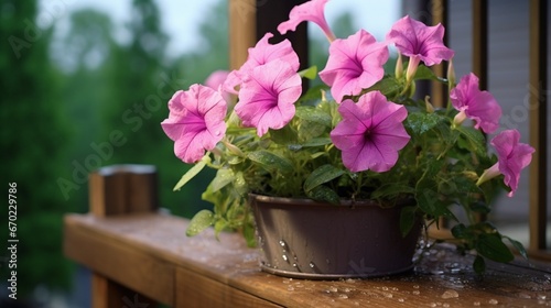A Velvet Petunia in a pot on a wooden balcony, with raindrops resting on its velvety petals, creating a serene and refreshing scene.