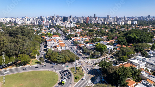 Aerial view of Ibirapuera Park in São Paulo, SP. Residential buildings around. Lake in Ibirapuera Park