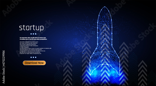 rocket made up of blue wireframe lines and polygons.The rocket is launching from a dark blue and black background with a neon glow and geometric patterns,symbolizing the ambitious journey of a startup