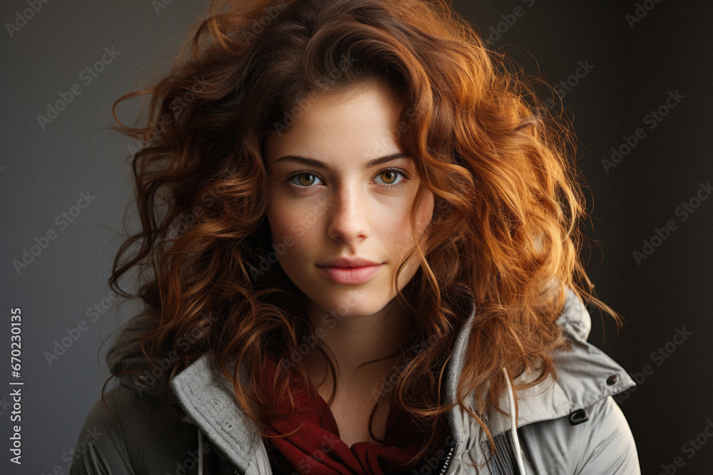 Obraz premium Portrait of a beautiful young woman with long hair in a beige jacket.