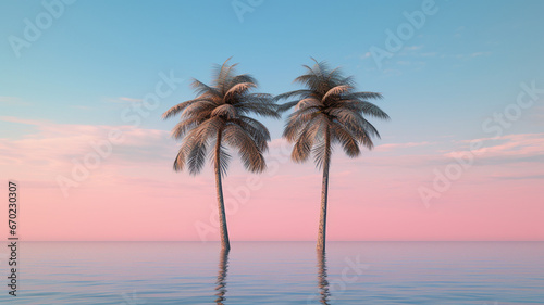 pink tropical palm trees and sea on sunset background. summer concept, vacation or summer vacation concept