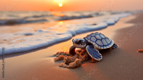 a turtle in the sandy shore of the ocean. turtle on the shore of the sea. high quality photo