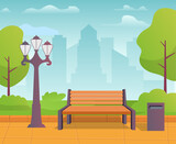 City park with benches summer.Urban garden with street lamps. Summer city park panorama.Park with skyscrapers.Cartoon vector illustration.Lanterns and downtown buildings on skyline. 