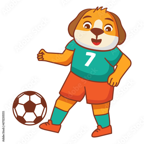 Fototapeta Naklejka Na Ścianę i Meble -  A dog football game. Score a goal. Draw paths for the ball.Cute animal.Soccer player.Isolated on white background.Character cartoon vector illustration.