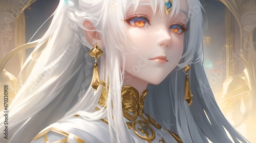 Anime girl with white hair and orange eyes