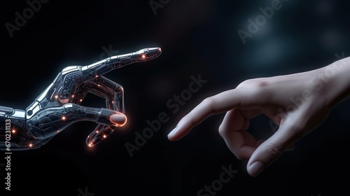 The human finger delicately touches the finger of a robot