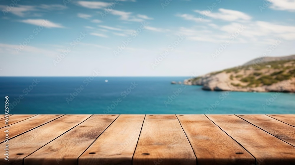 Fototapeta premium Wooden table on the background of the sea island and