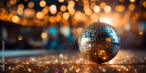 disco ball with left copy space on golden background 
