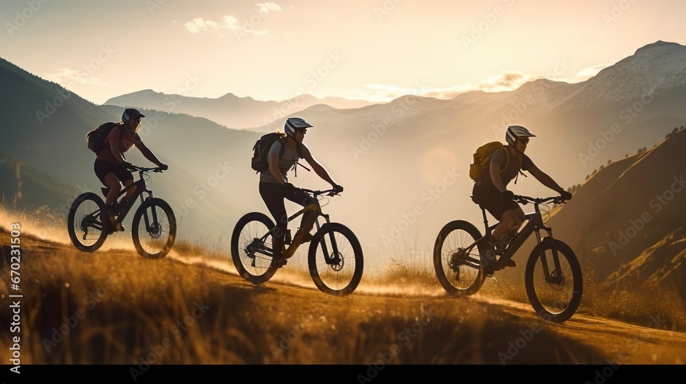 Obraz premium hree friends on electric bicycles enjoying a sceni