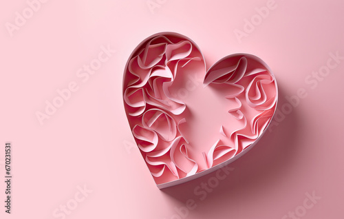 pink origami paper heart on pink background, valentine's day background. Copy space