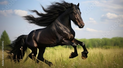 beautiful black horse playing on the field © Jodie