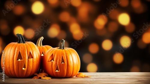 Halloween orange pumpkins on a wooden table on a bok