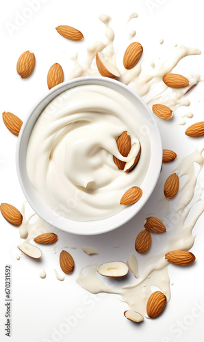 Close-up of a full almond floating in the air and a swirl of thick milk surrounding the almond, ultra clear details, product photography, product lighting, no text