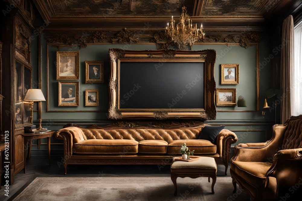 A Canvas Frame for a mockup elegantly positioned above a vintage TV set encased in ornate woodwork in an old styled TV lounge, complete with plush velour couches A Canvas Frame for a mockup elegantly positioned above a vintage TV set encased in ornate woodwork in an old styled TV lounge, complete with plush velour couches