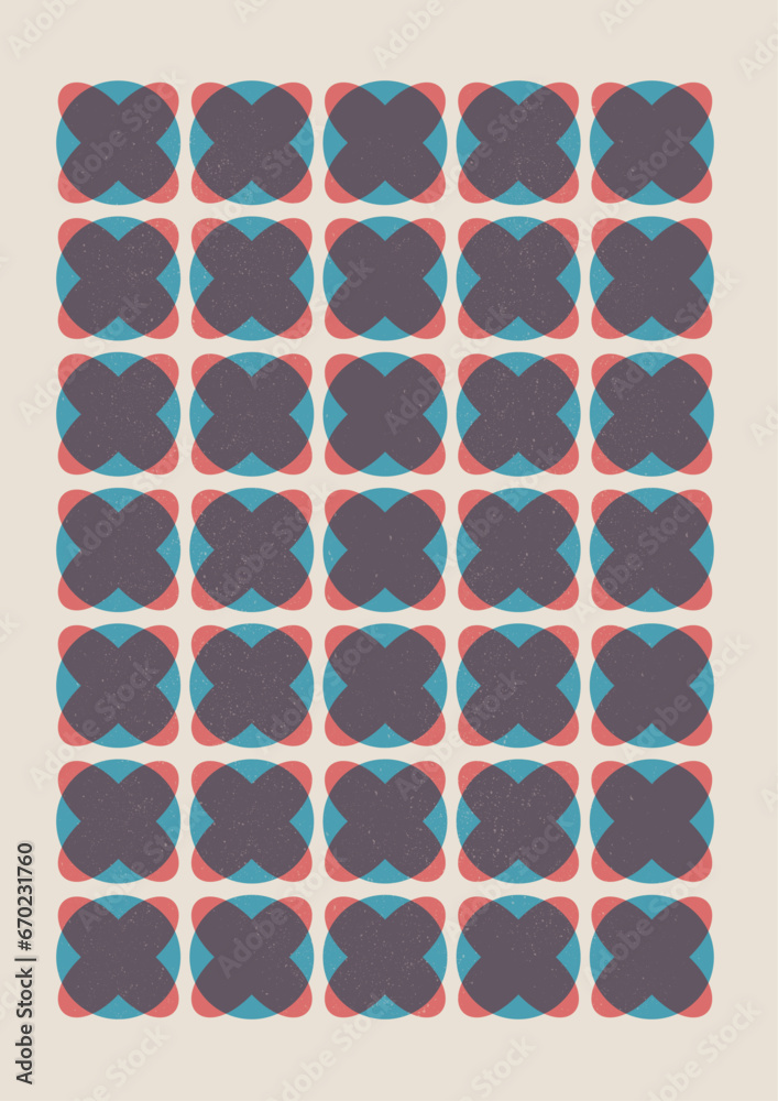 diseño de estilo risográfico de patrón geométrico de círculos y formas redondeadas.