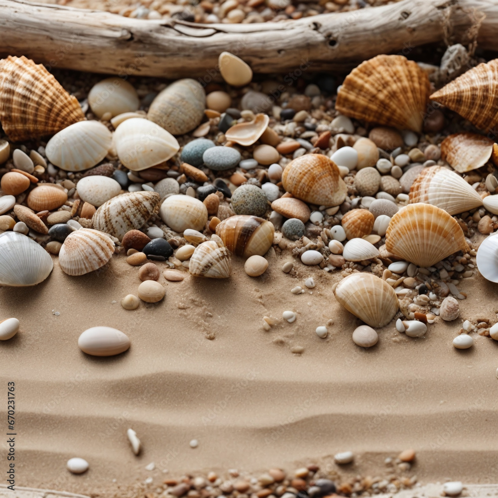 Sandy beach texture with seashells, driftwood, and pebbles along the shoreline.