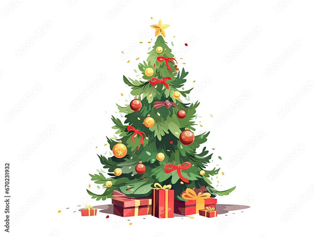 Fototapeta premium painted Christmas tree decorated with balls and candles isolated on white background