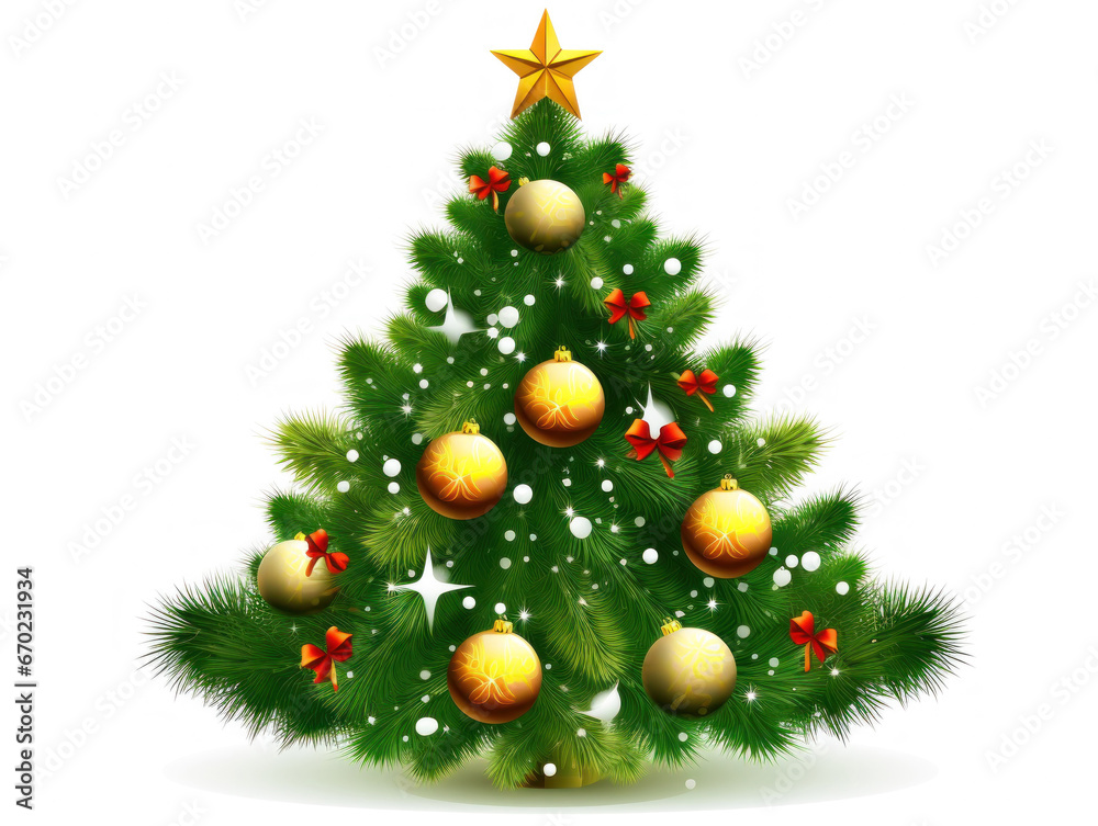 painted Christmas tree decorated with balls and candles isolated on white background