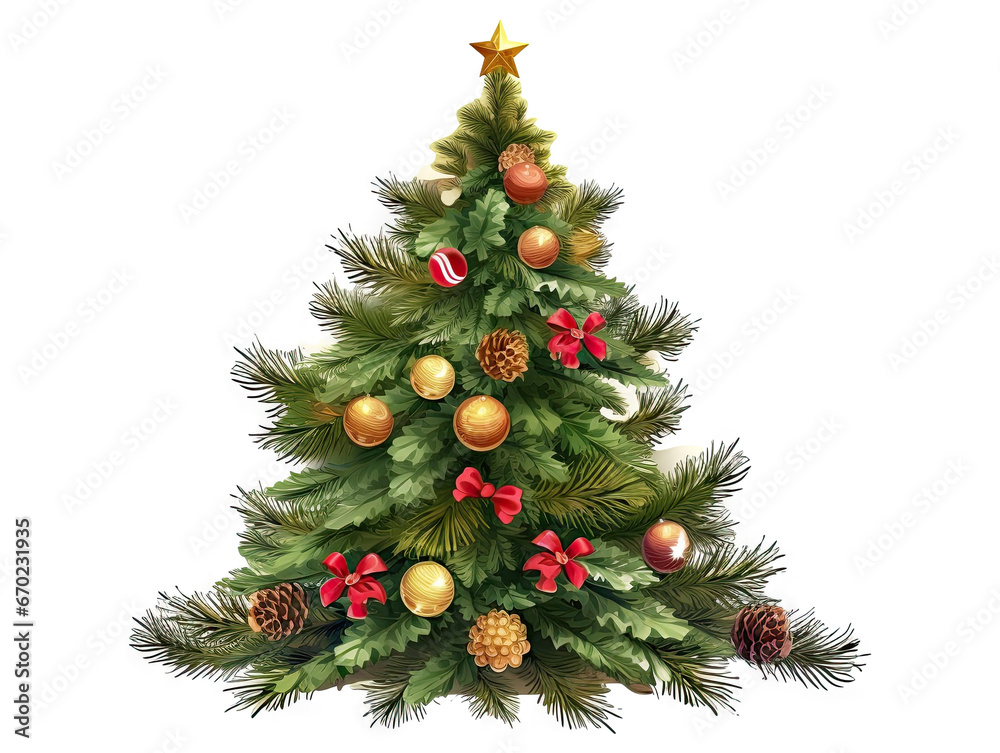 painted Christmas tree decorated with balls and candles isolated on white background