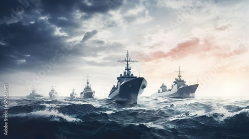 three military ships in the sea