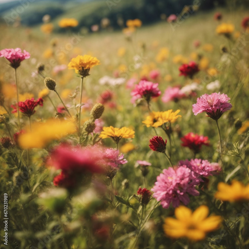 Sunny wildflower meadow texture with vibrant blossoms and varied heights.