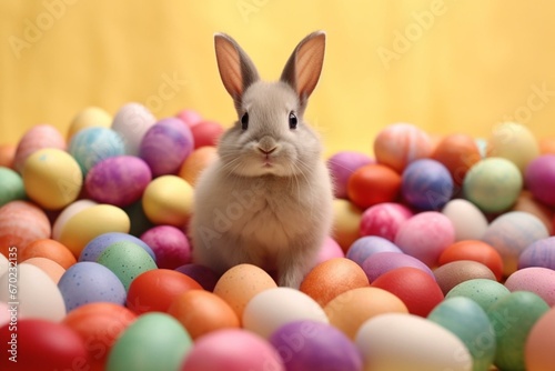 Bunny celebrating Easter with colorful eggs. Generative AI