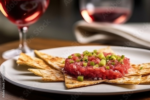 Tuna tartare on a restaurant table with a glass of wine, commercial banner