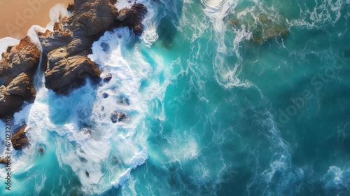 Aerial view of sea and rocks ocean blue waves crashi