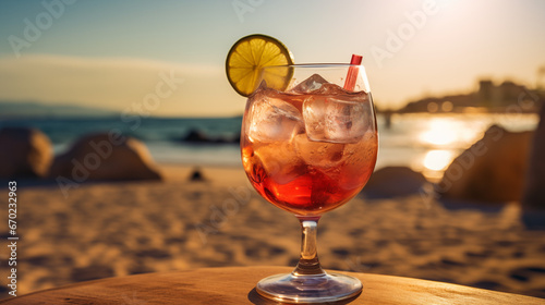 Cocktail rafraîchissant aux agrumes sur une table de plage : Fraîcheur estivale en verre