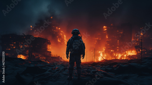 Paysage dystopique, ville détruite et militaire devant face au chaos