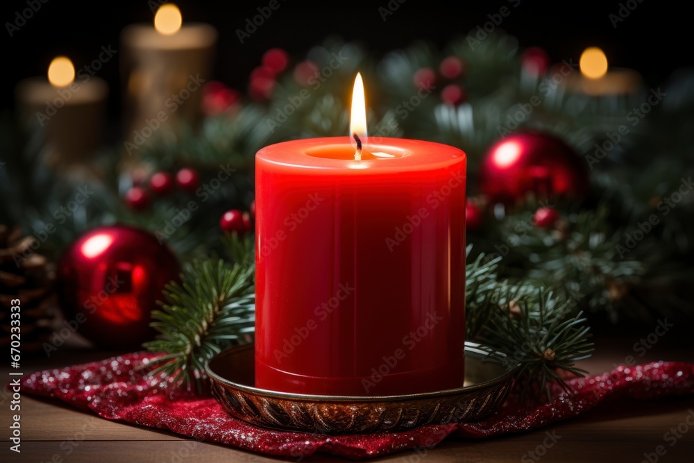 Lit candle on an advent wreath, representing the spiritual and hopeful aspect of Christmas