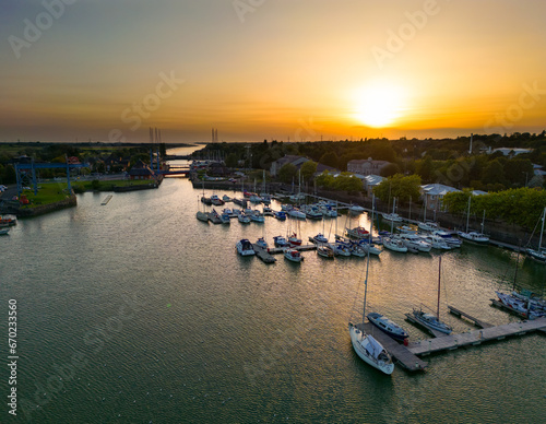 Preston, Lancashire, UK, September 05, 2023; Aerial Panoramic View of the Re-Developed Docks area and New Marina at sunset in Preston, Lancashire, England photo