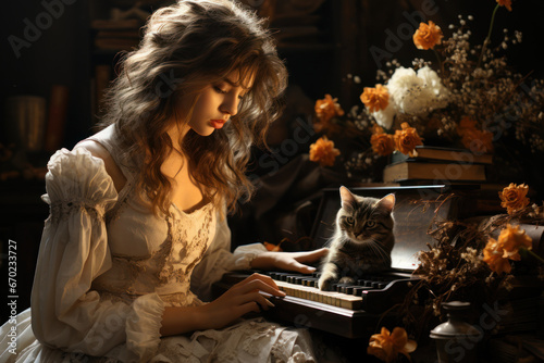 girl in a vintage dress and a cat near the harpsichord surrounded by flowers photo