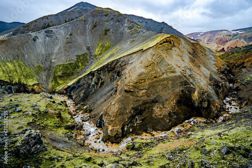 Landmannalaugavegur. Serene Autumn Landscape with Majestic Mountain Range Under a Clear Sky photo