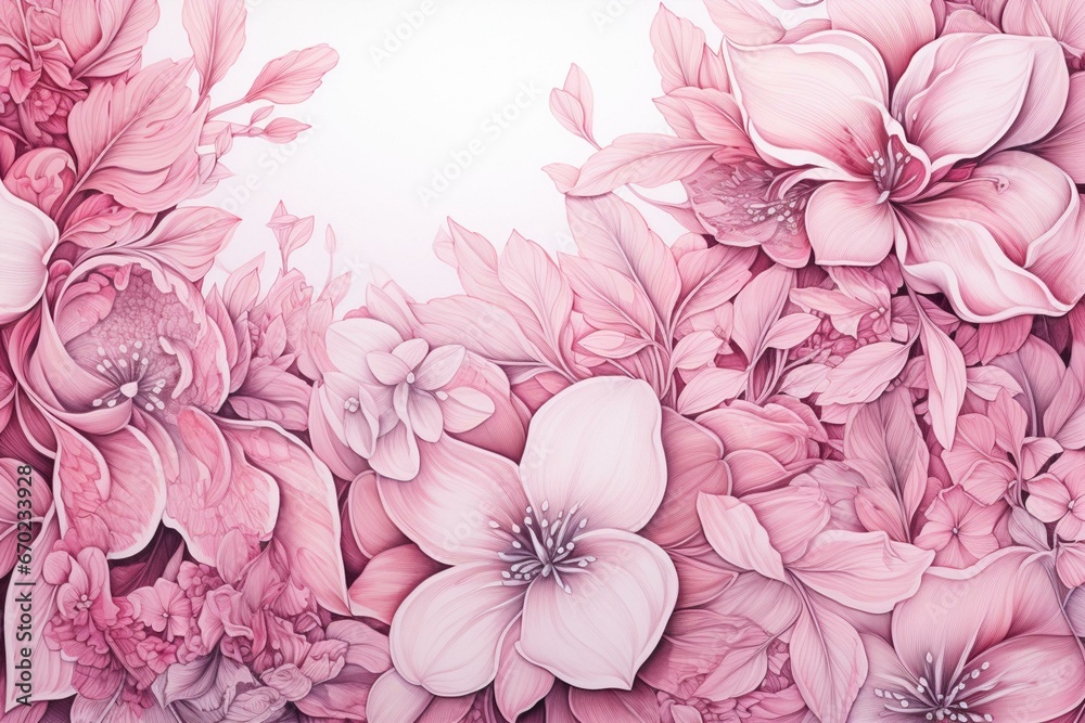 Pink pencil drawing floral background. Generative AI