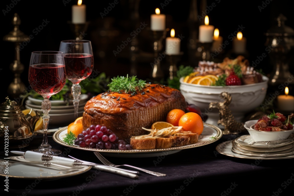 Festive Christmas dinner table, showcasing the culinary delights and holiday decor in exquisite detail.
