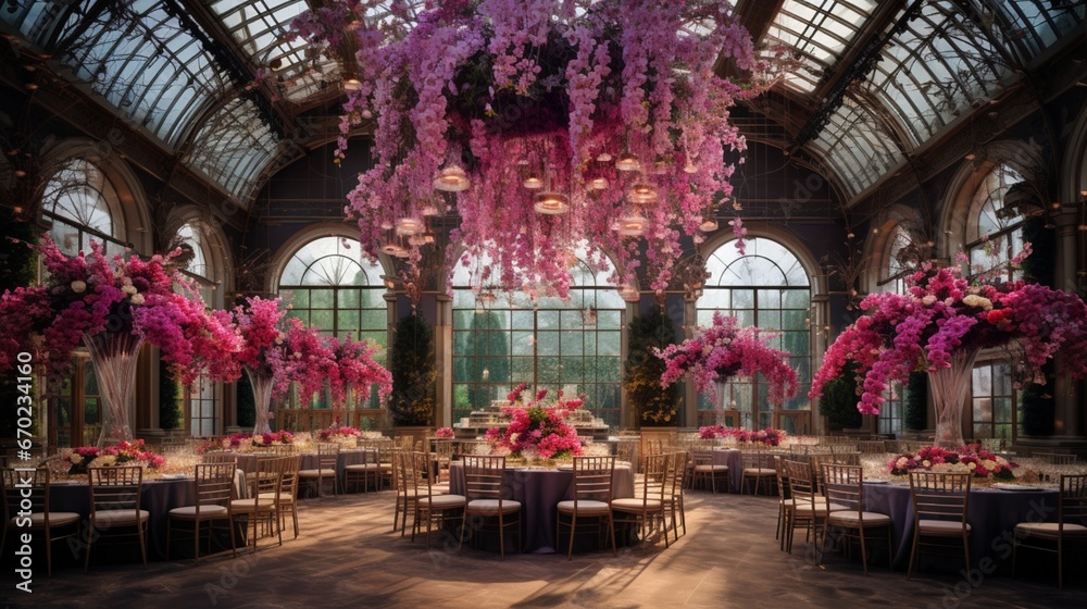 A vibrant, full ultra HD image of an orchid-themed ballroom, adorned with opulent orchid centerpieces and grand chandeliers.